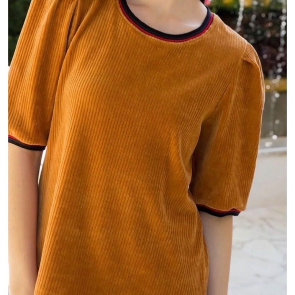 THML Mustard Yellow Ribbed Puff Sleeve Top NWT